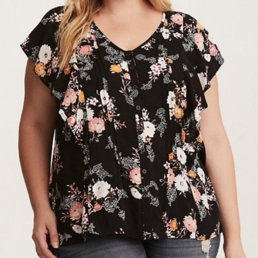 Torrid Flutter Sleeve Button Front Floral Blouse - image 1